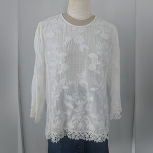 Zara White Floral Embroidered Lace Trim Blouse